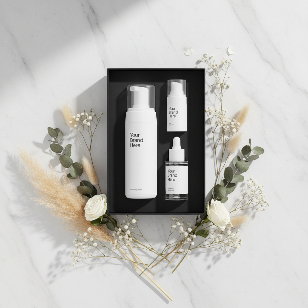 Box prodotti sfondo white marble botanicals