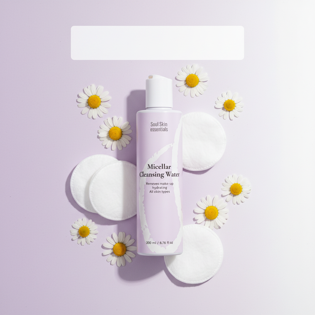 Packaging hero shot acqua micellare sfondo lilla con camomilla