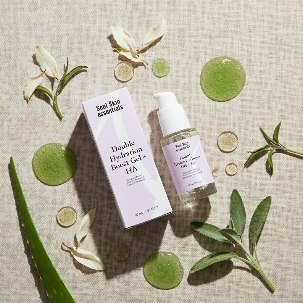 Flat lay gel idratante con ingredienti naturali su lino beige