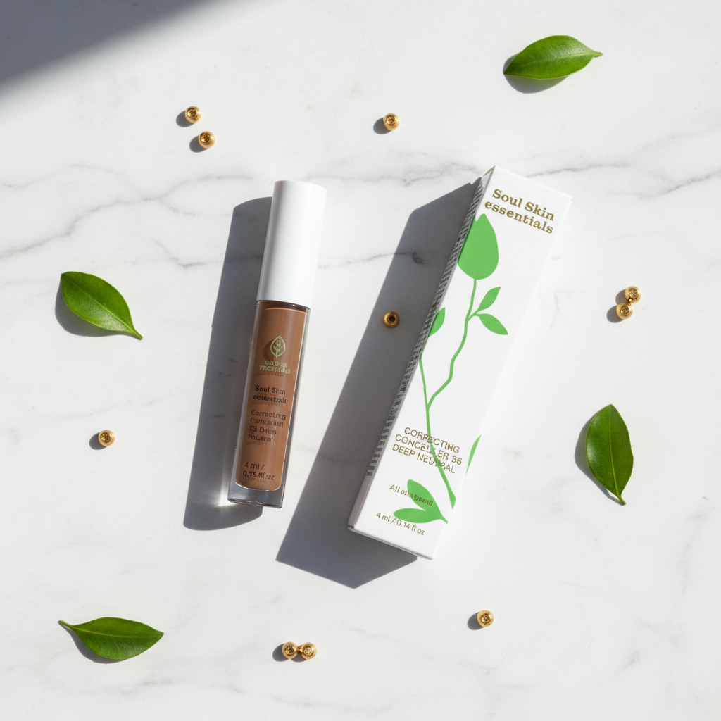 Flat lay correttore 35 Deep Neutral su marmo bianco