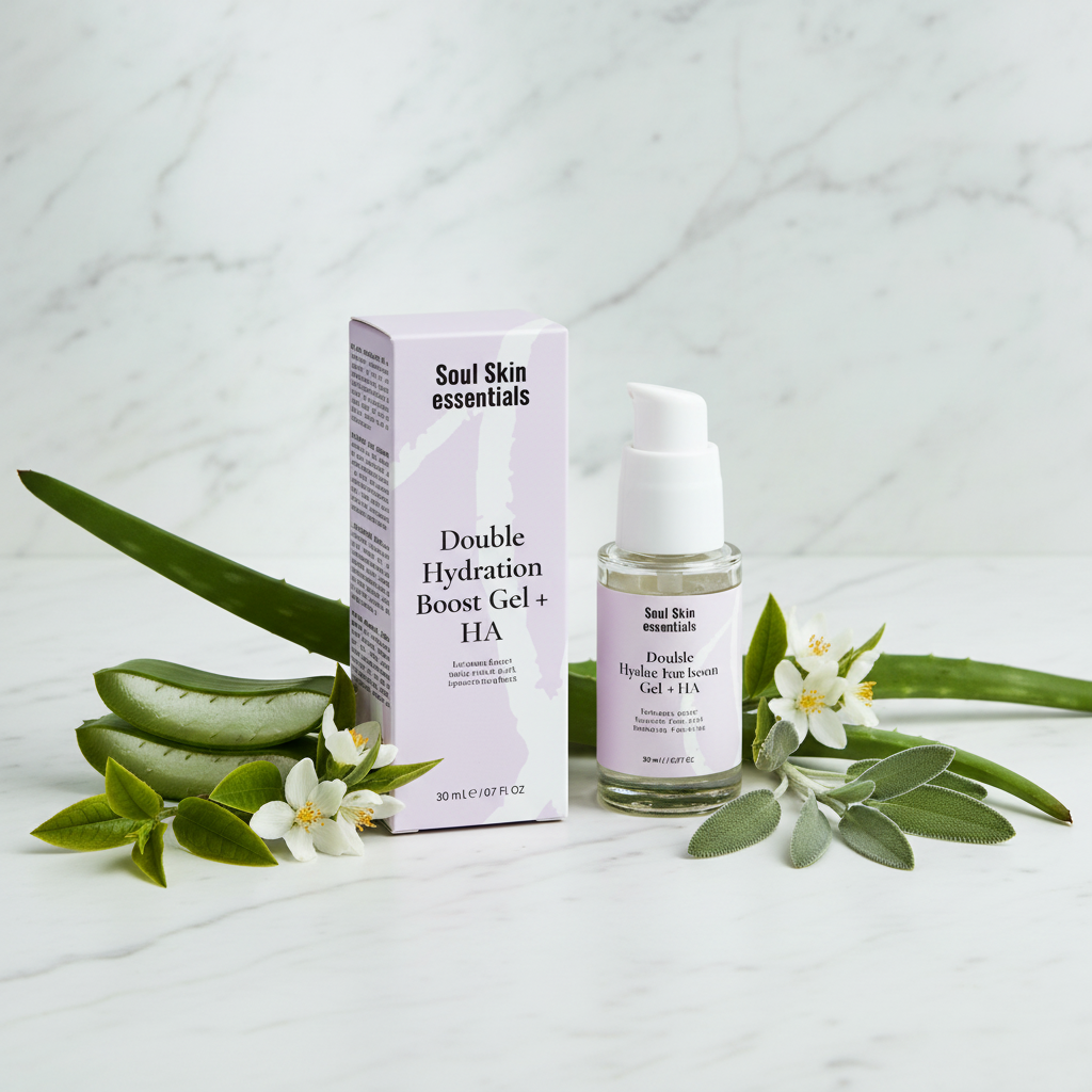 Gel idratante con aloe vera e tè bianco su marmo