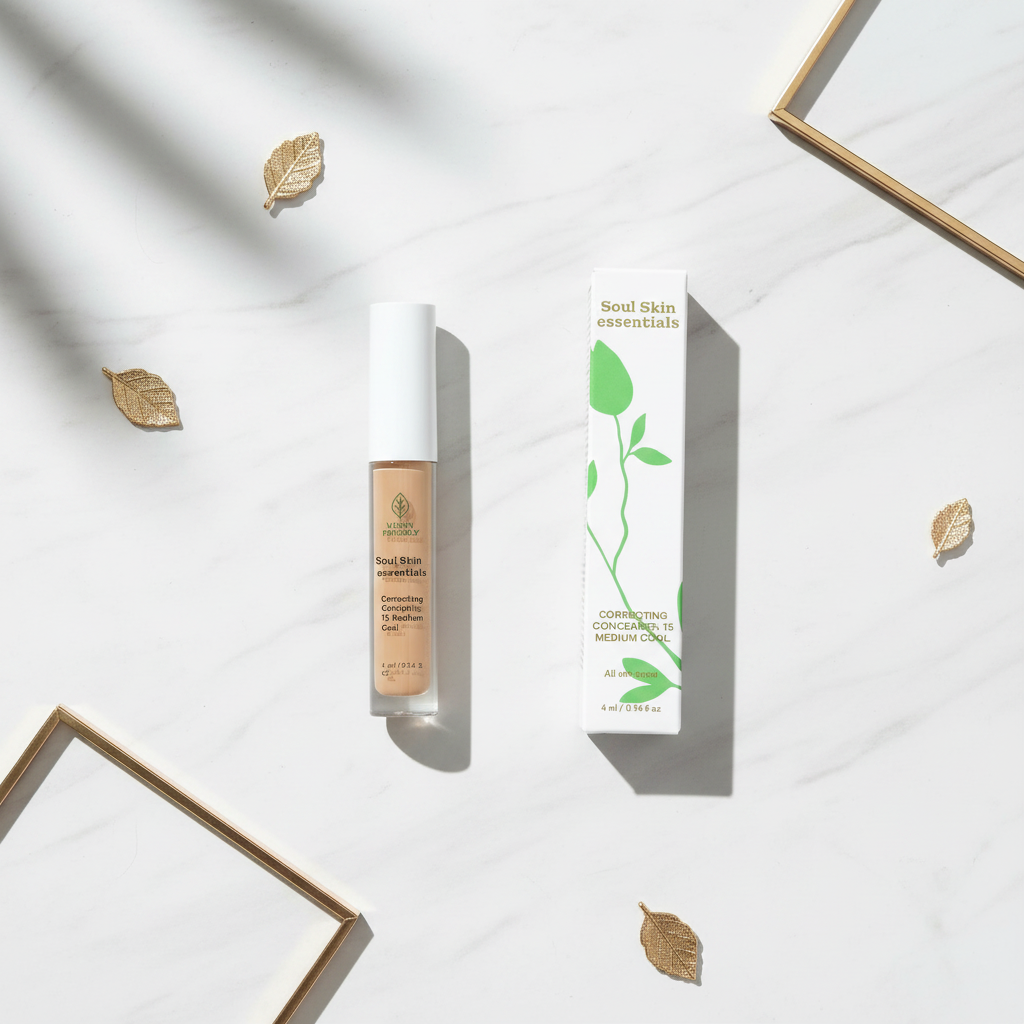 Flat lay correttore 15 Medium Cool su marmo bianco
