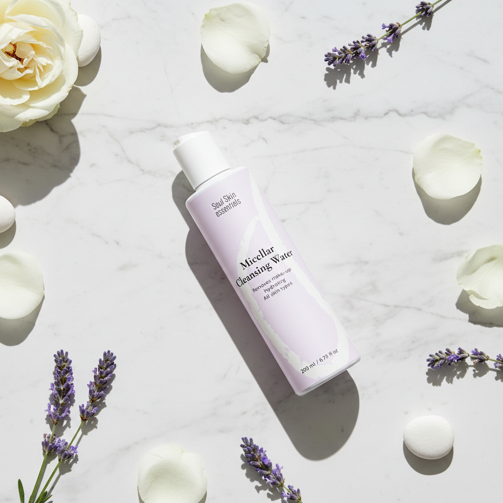 Flat lay acqua micellare Soul Skin Essentials su marmo bianco