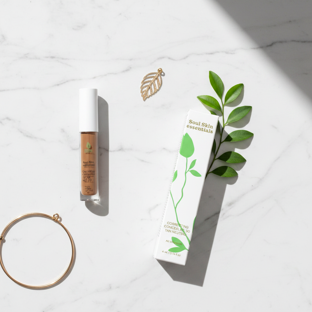 Flat lay correttore 30 Tan Neutral su marmo bianco