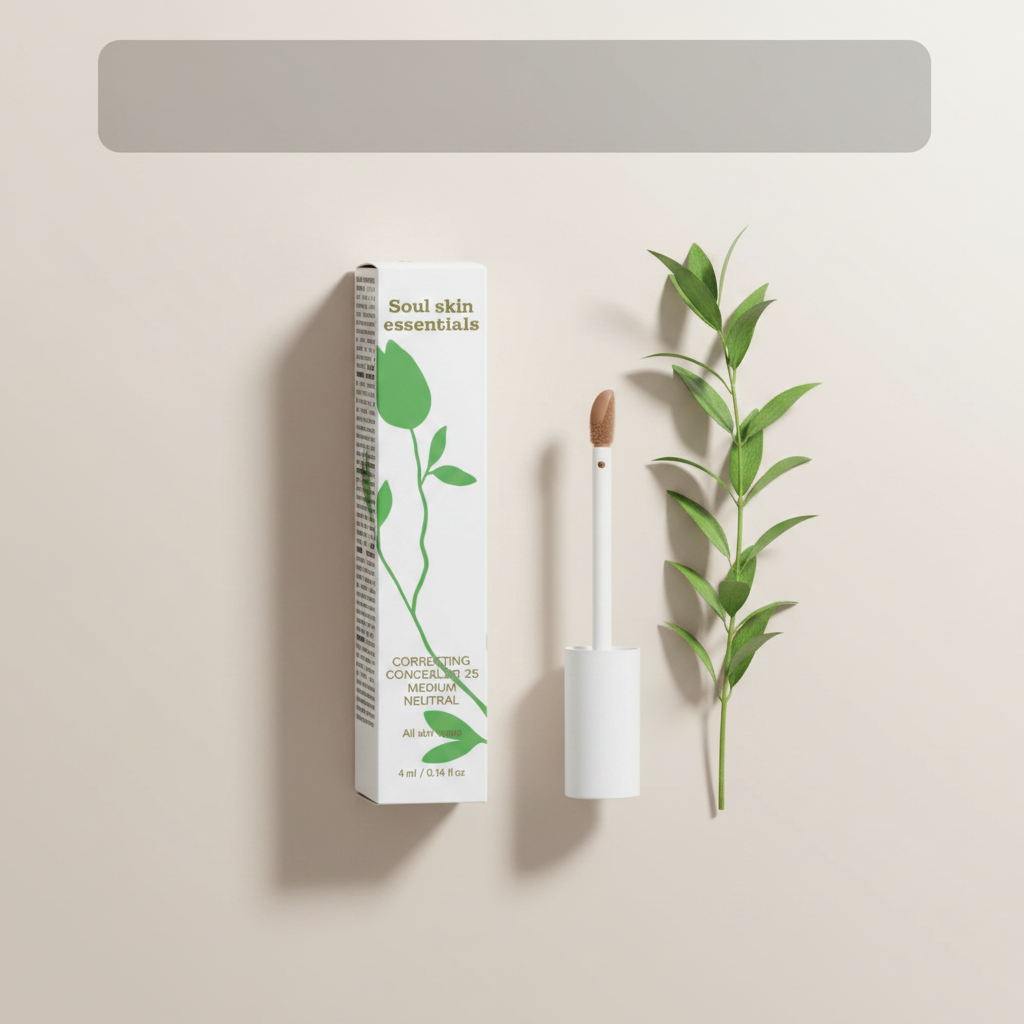 Packaging hero shot correttore sfondo neutro beige