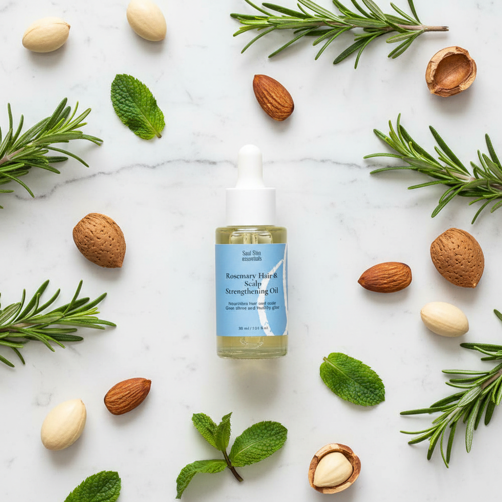 Olio rosmarino flat lay